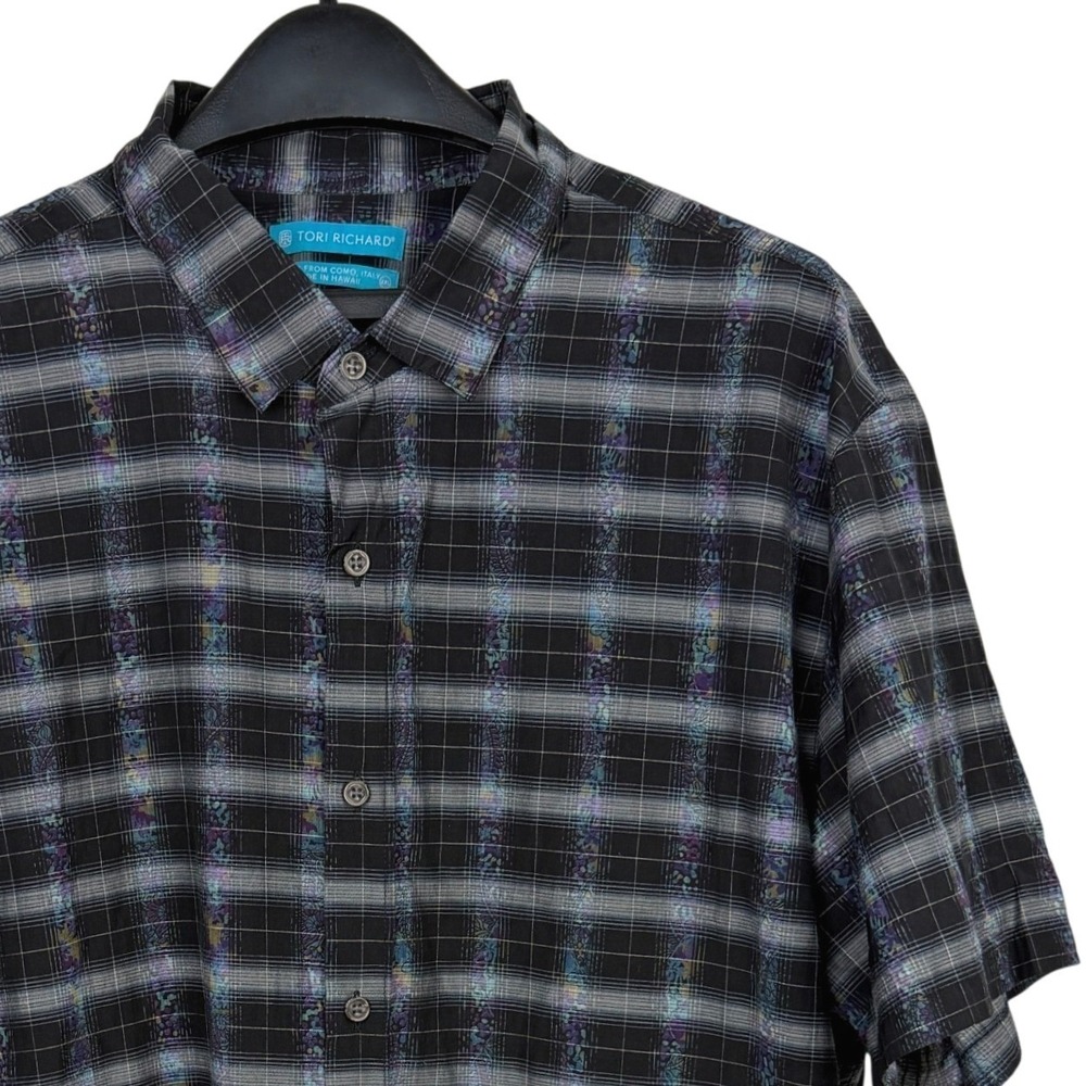 Tori Richard Button Down Shirt Mens 2XL Black Plaid Floral Hawaii Italian Fabric
